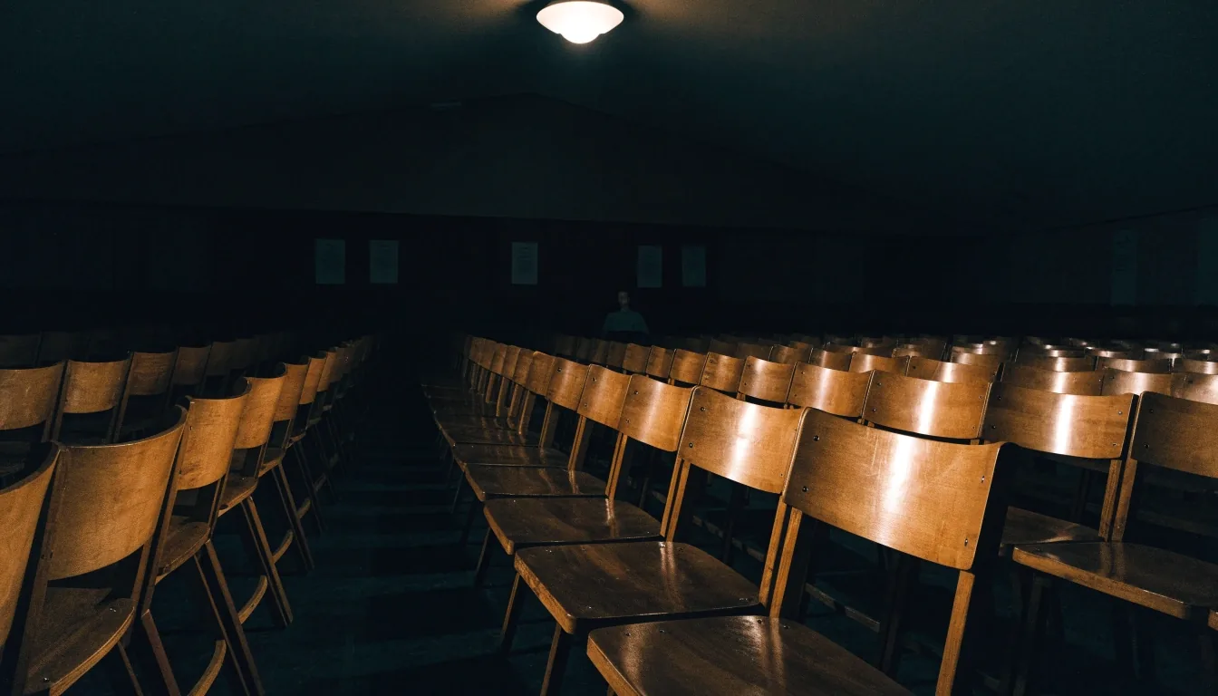 A lecture room back row at night with one seated silhouette under an overhead light