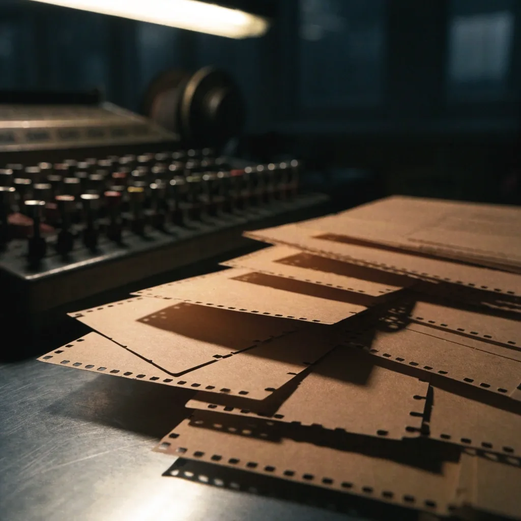 A deck of punched card stock fanned across a metal desk under keypunch-room light