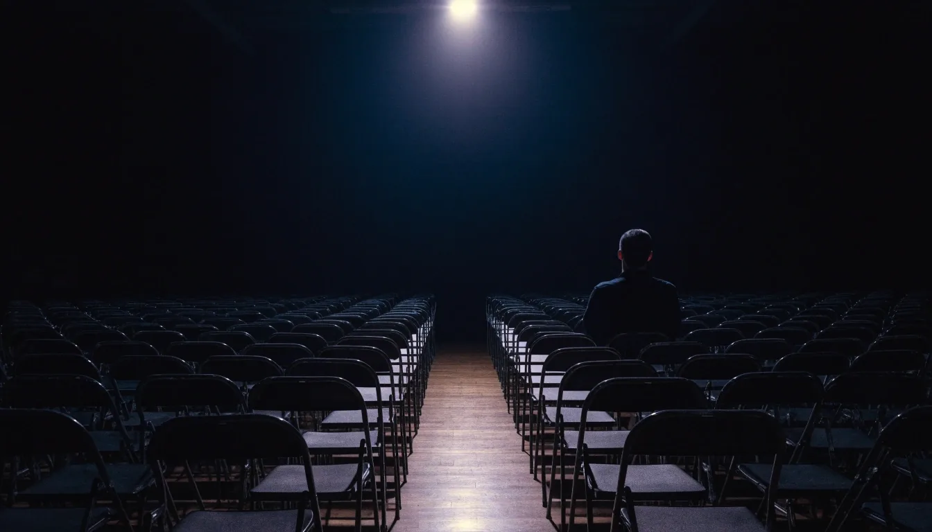 Back rows of a night lecture room with chairs receding under a single overhead light