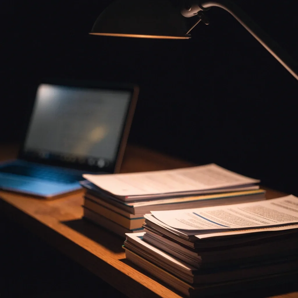 A night desk with a blurred glowing laptop and a stack of face-down course materials under a single warm lamp