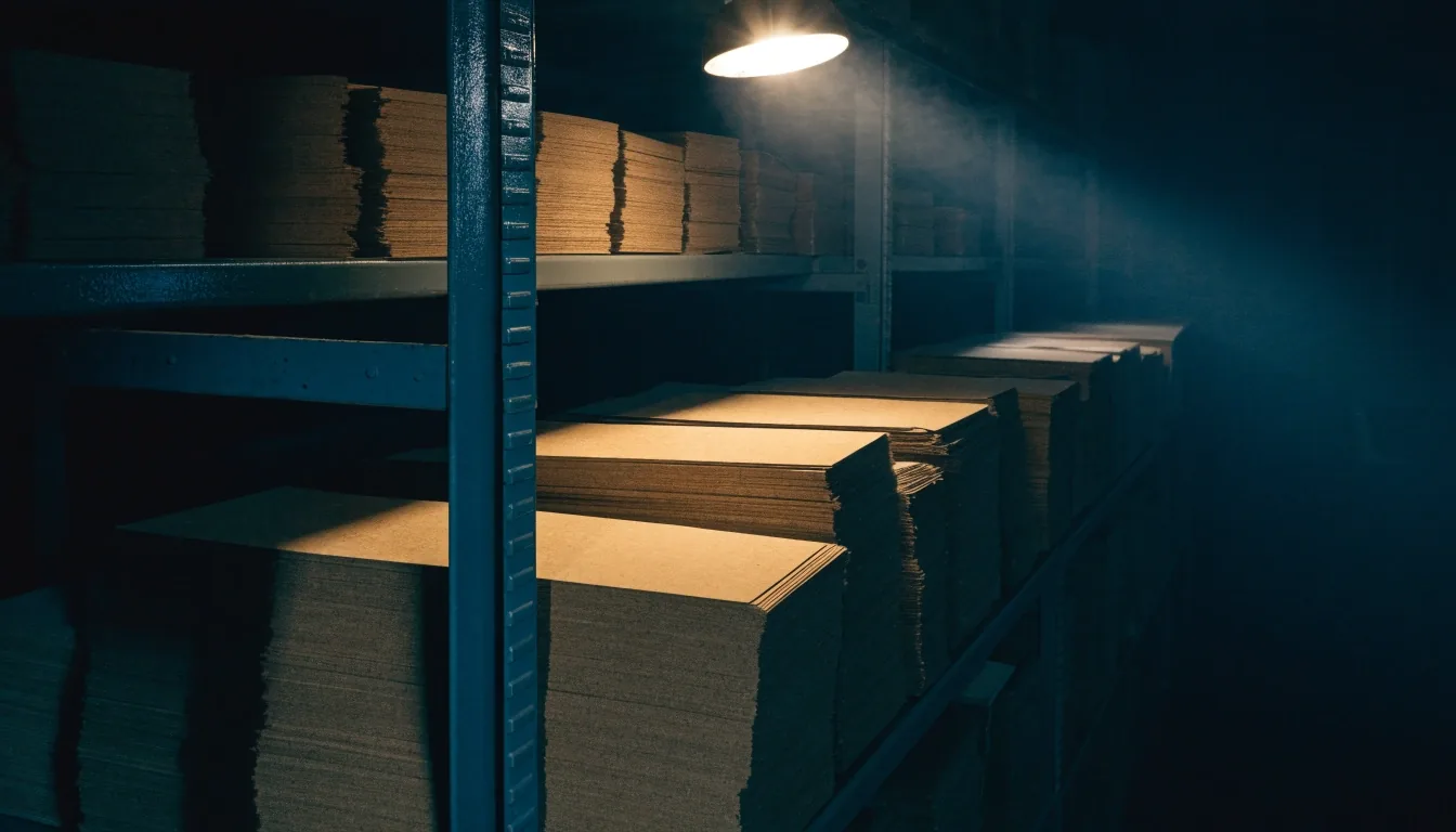Blank card stock stacked in a dim keypunch room under a single overhead light