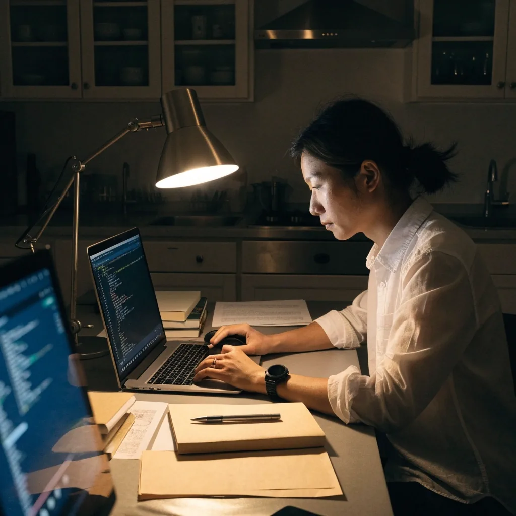 A learner's evening study setup at a kitchen table, lit by a single warm lamp