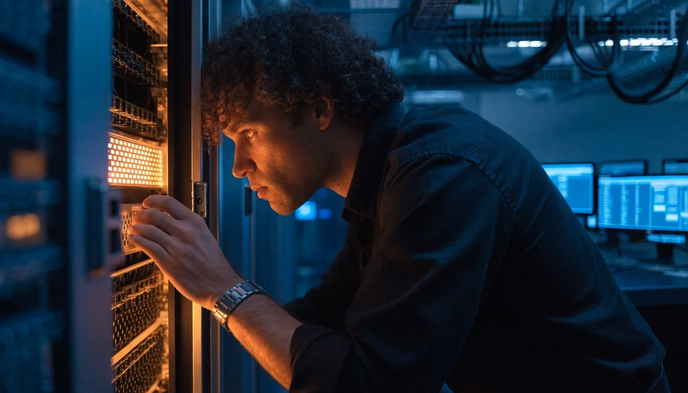 A dark data center corridor with open rack doors glowing along both sides
