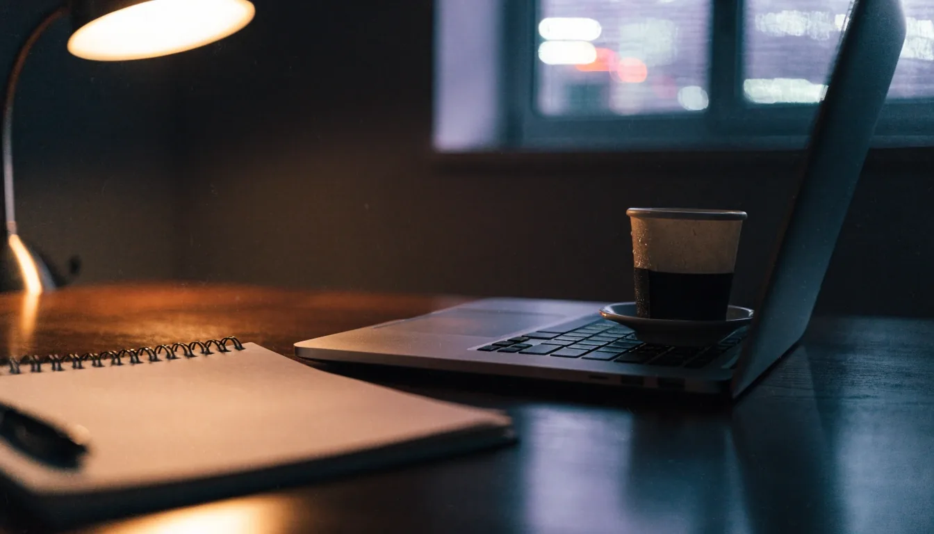 Laptop open on a kitchen table at night with a coffee cup and warm lamp light