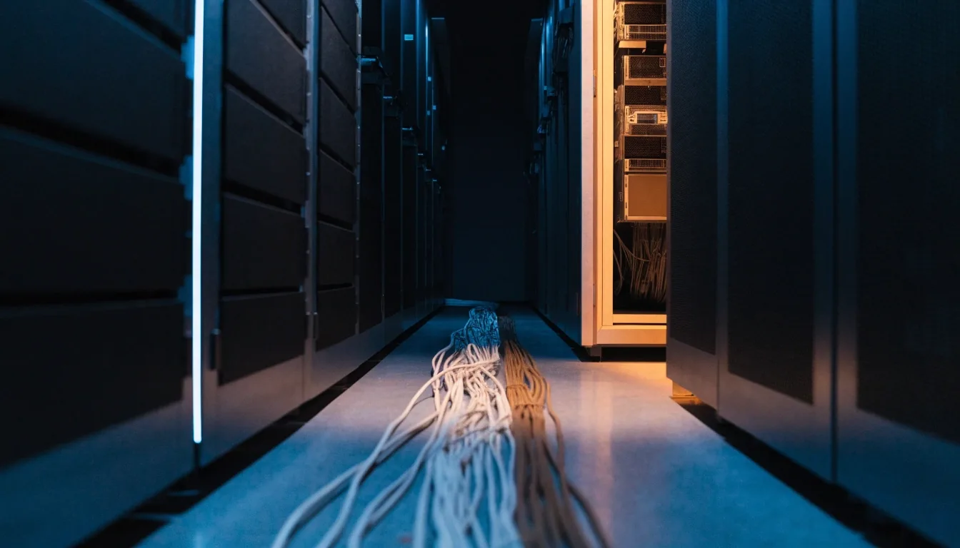Server rack aisle at night with cool blue rim light and a warm glow from an open rack door