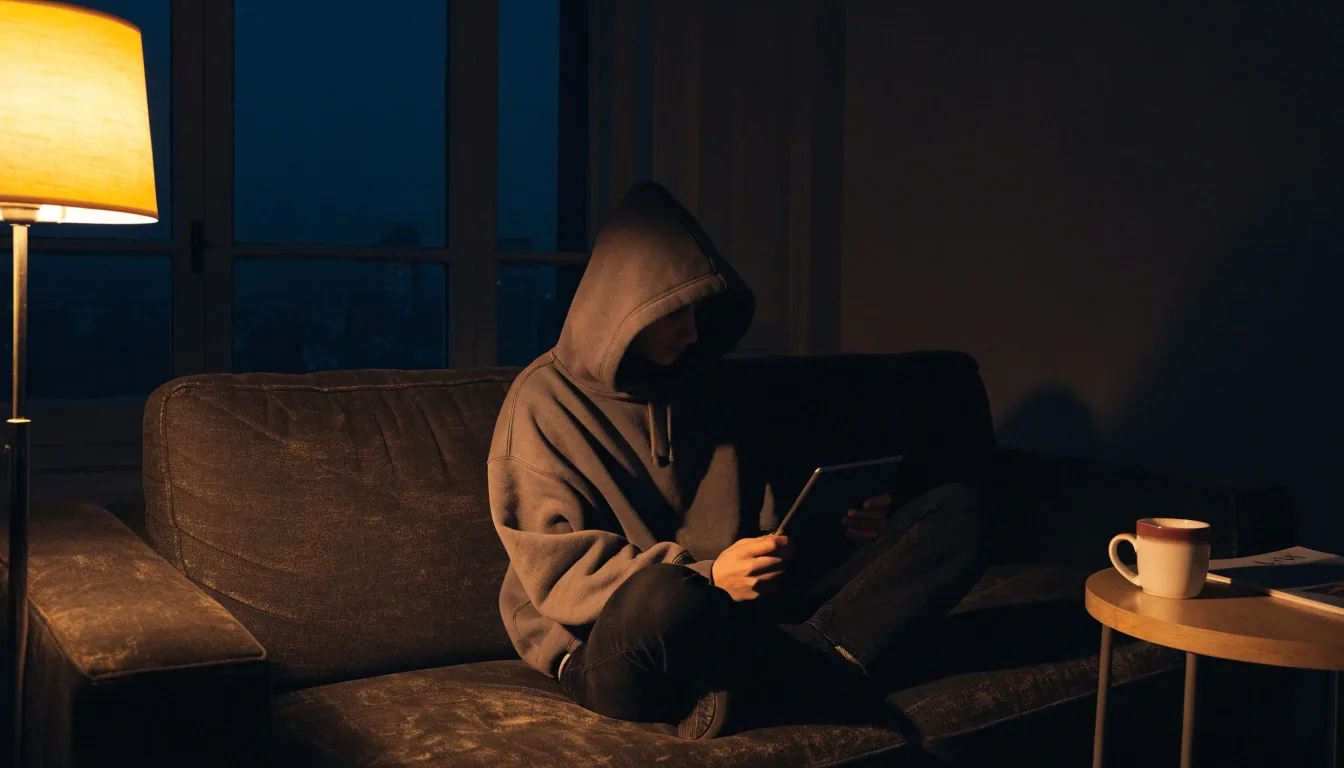 A laptop on a kitchen table at night lit by a warm lamp