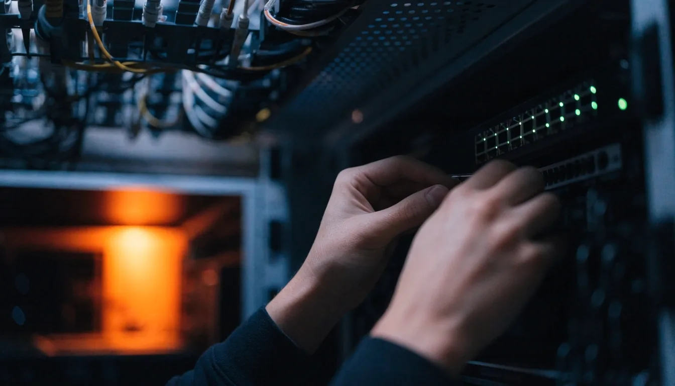 A server rack aisle at night lit by cool rack glow and one warm open door