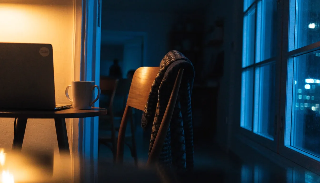 A home study desk at night with a closed laptop and a mug under warm lamp light
